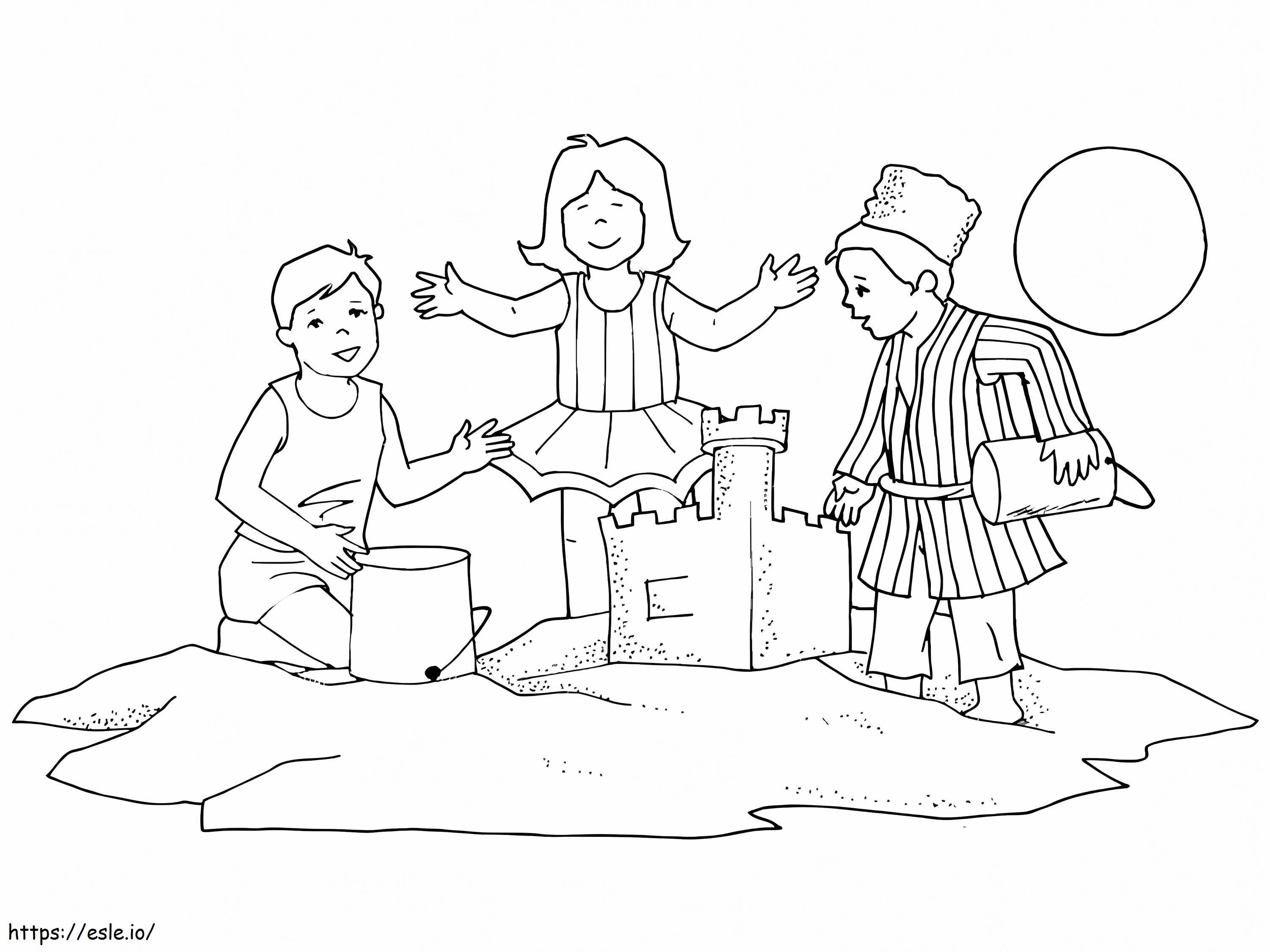 Lapset rakentamassa hiekkalinnaa värityskuva