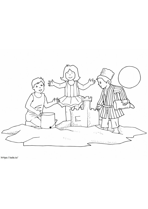 砂の城を作る子供たち ぬりえ - 塗り絵