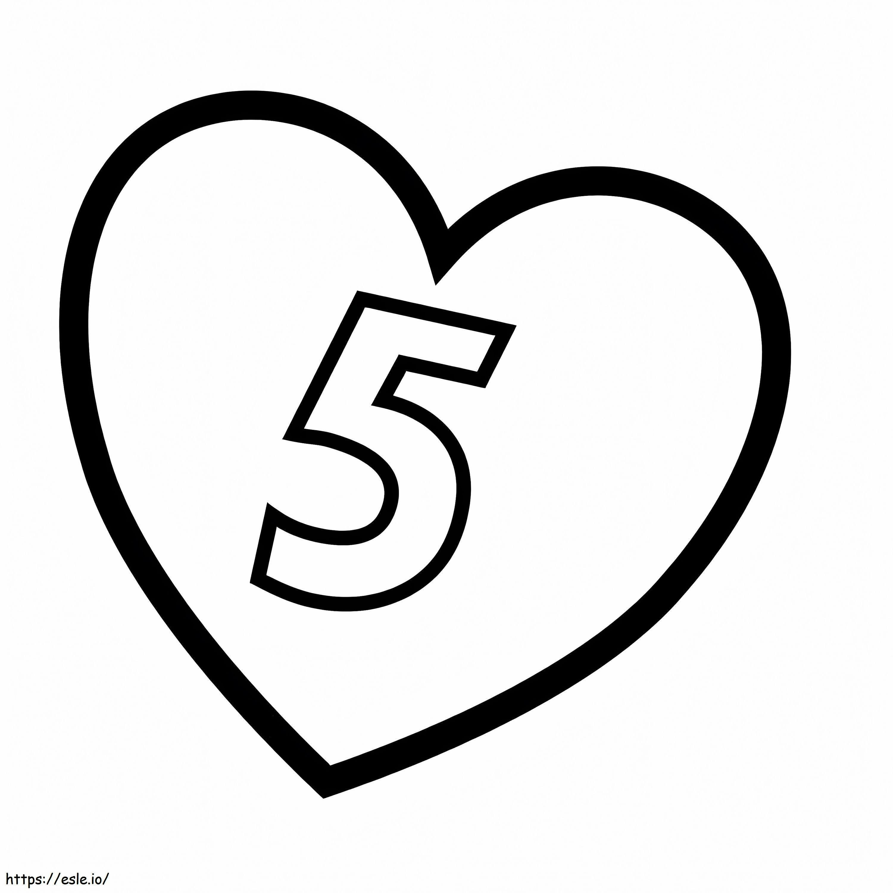Número 5 en el corazón para colorear