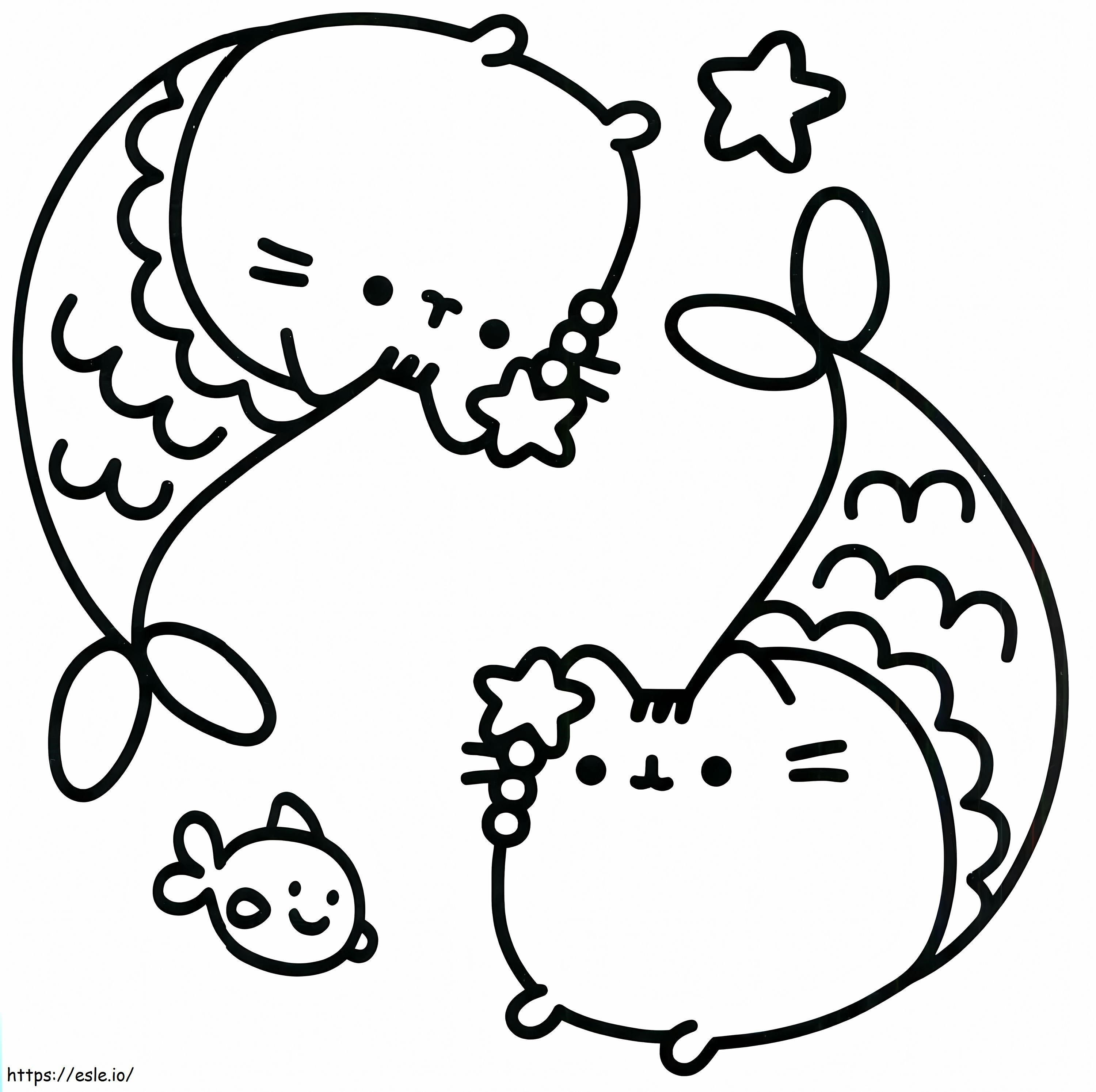 Two Mermaid Pusheen And Starfish coloring page