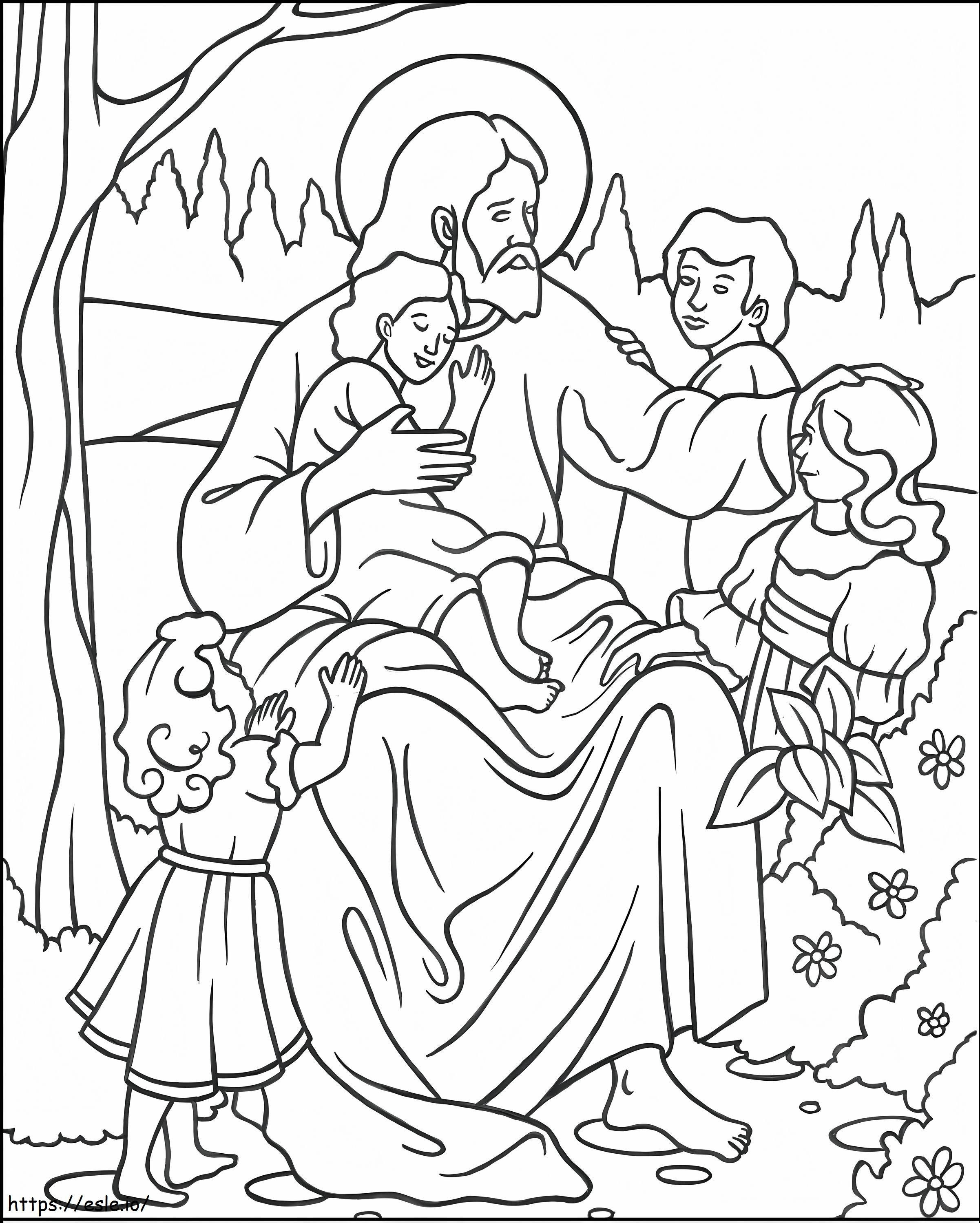 Jesús y deja a los niños pequeños. para colorear