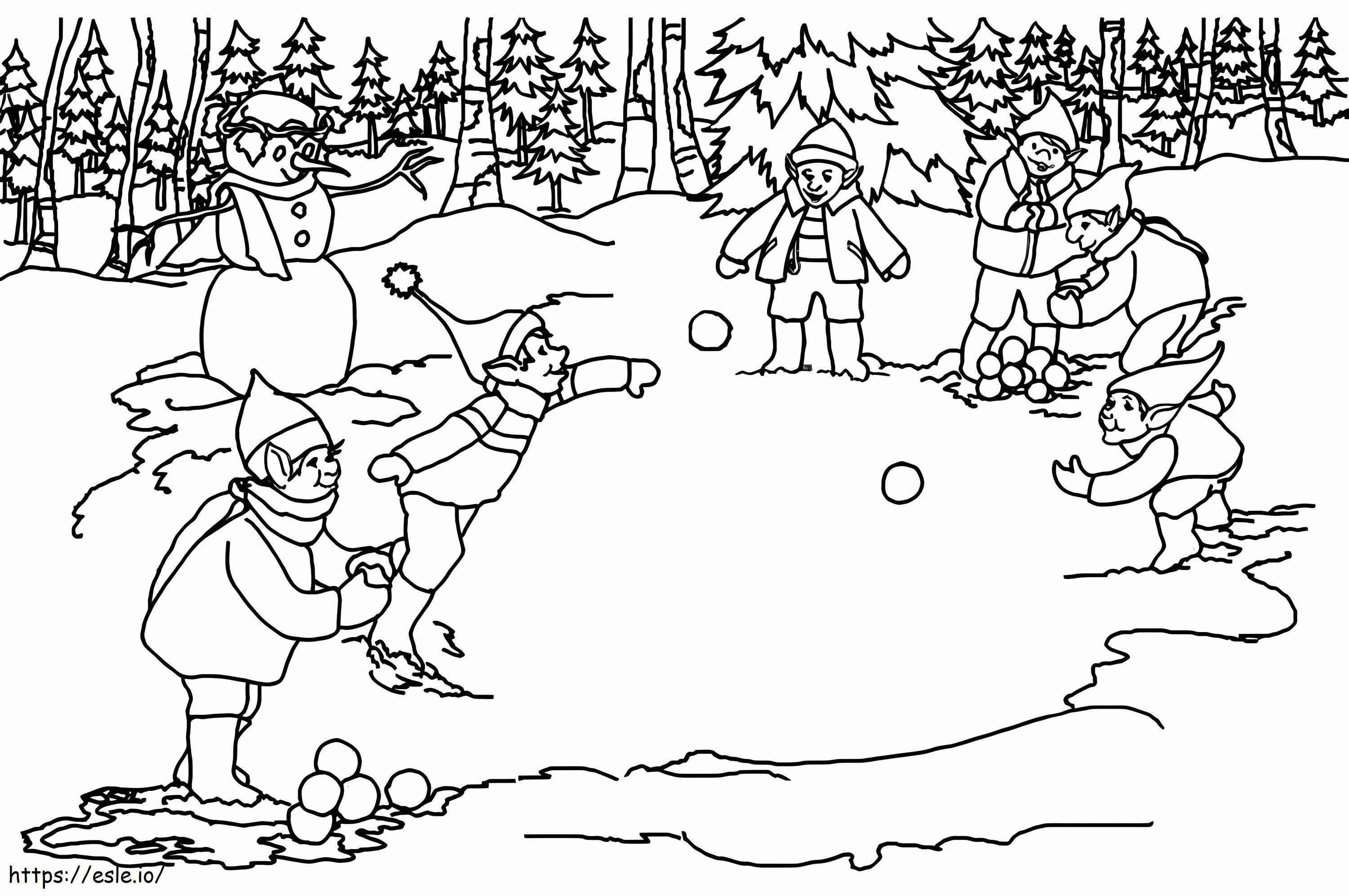 Snowball Fight With Elves coloring page