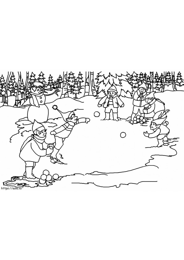 Coloriage Combat de boules de neige avec les elfes à imprimer dessin