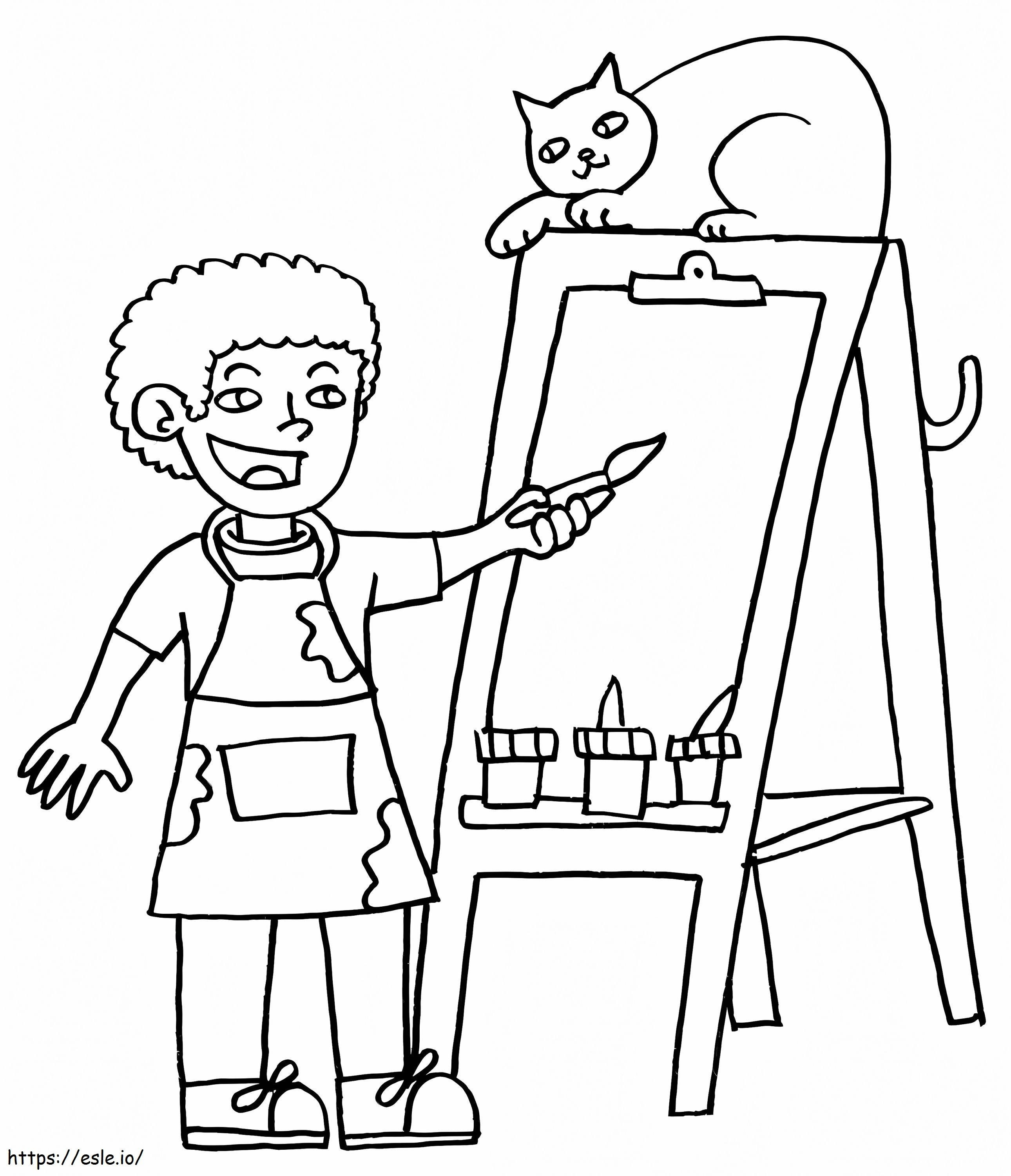 Artista e gato para colorir