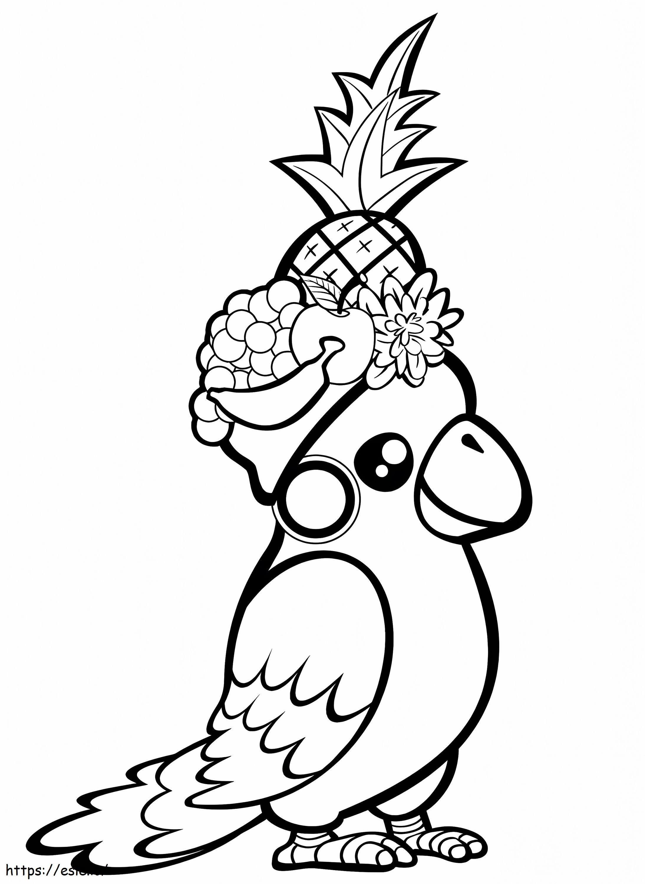 Papagaio com chapéu de frutas para colorir