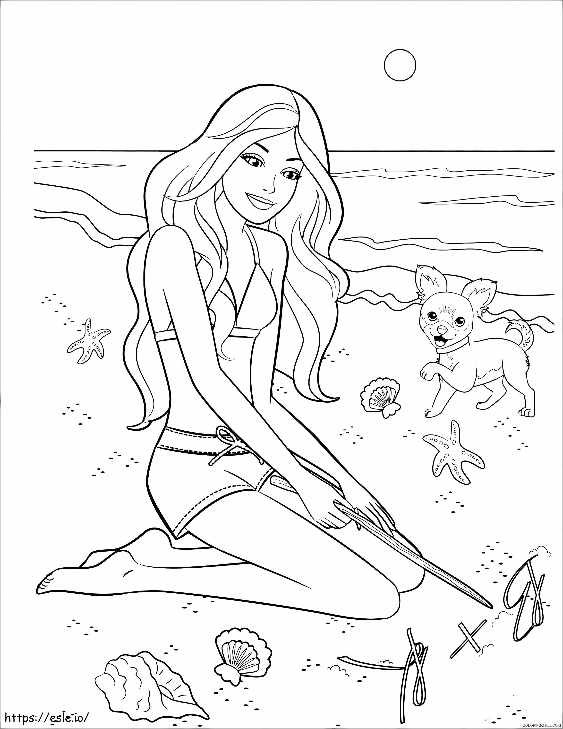 Coloriage Barbie et le chien sur la plage à imprimer dessin