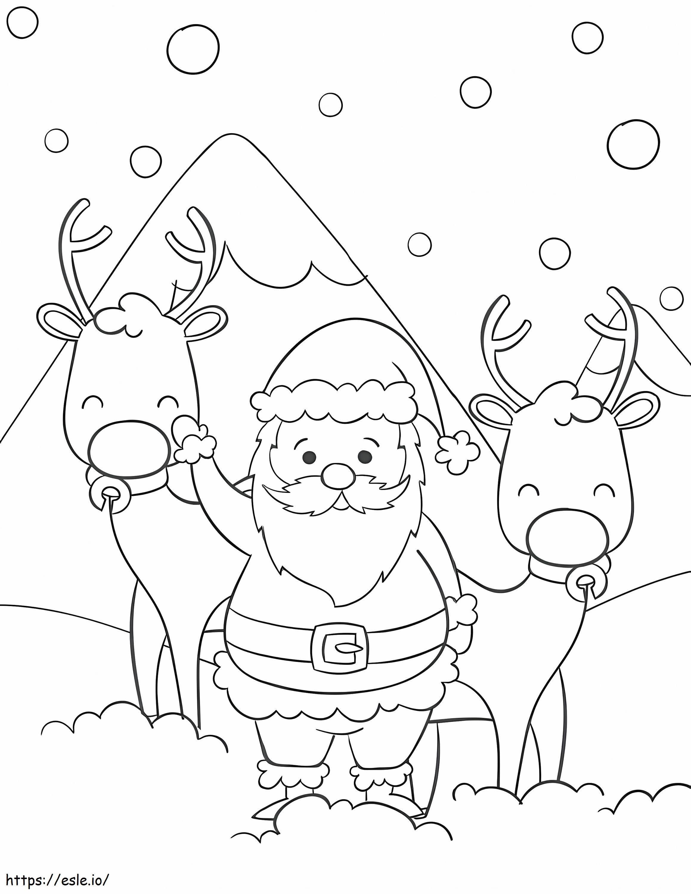 Papá Noel y dos renos para colorear