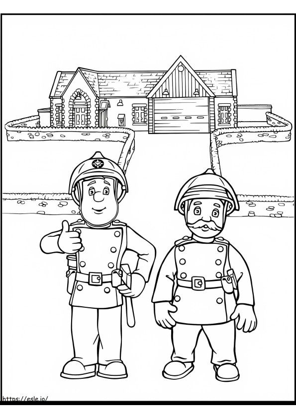 Coloriage Sam le pompier et ses coéquipiers avec maison à imprimer dessin