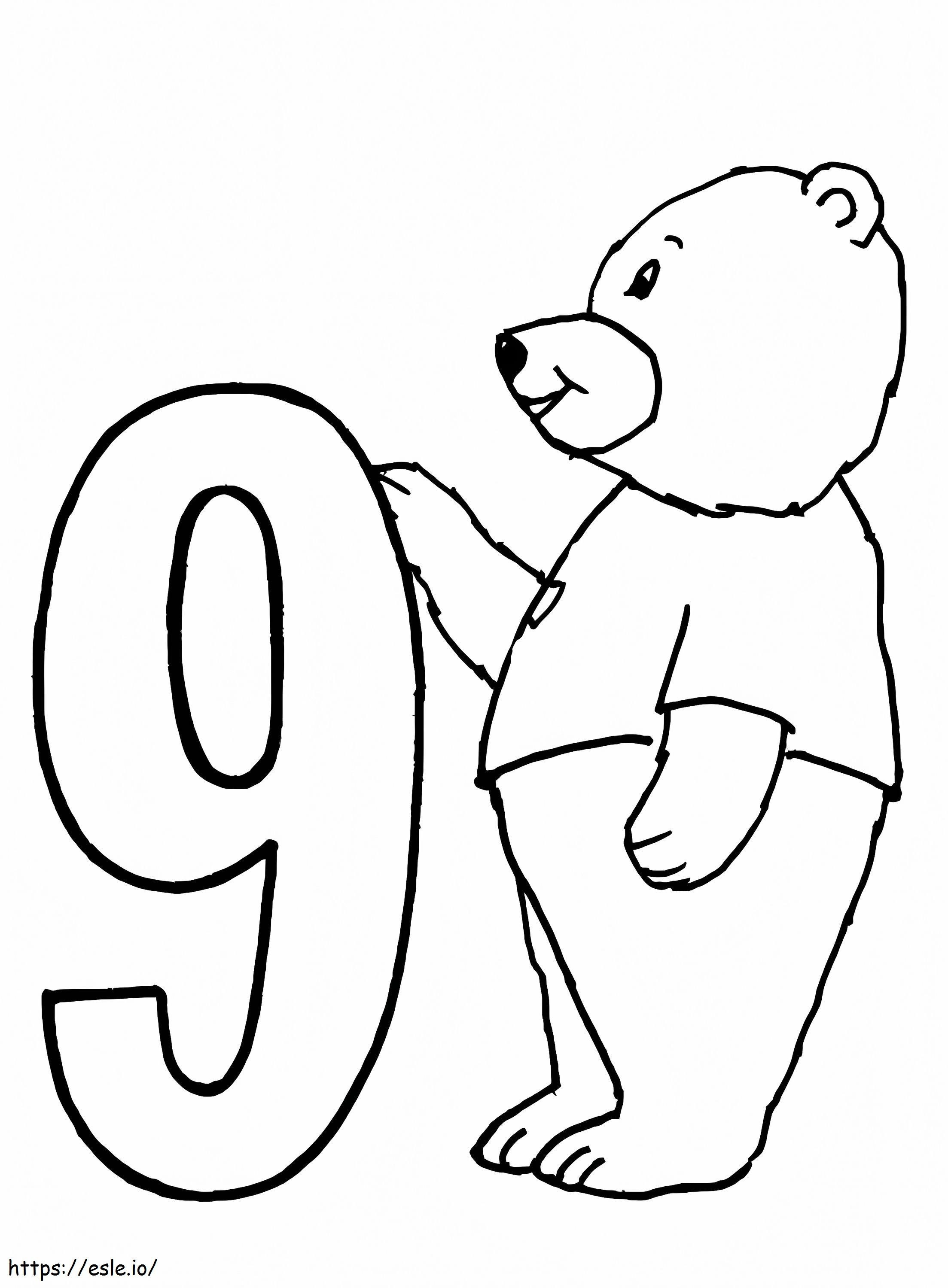 Urso e número 9 para colorir