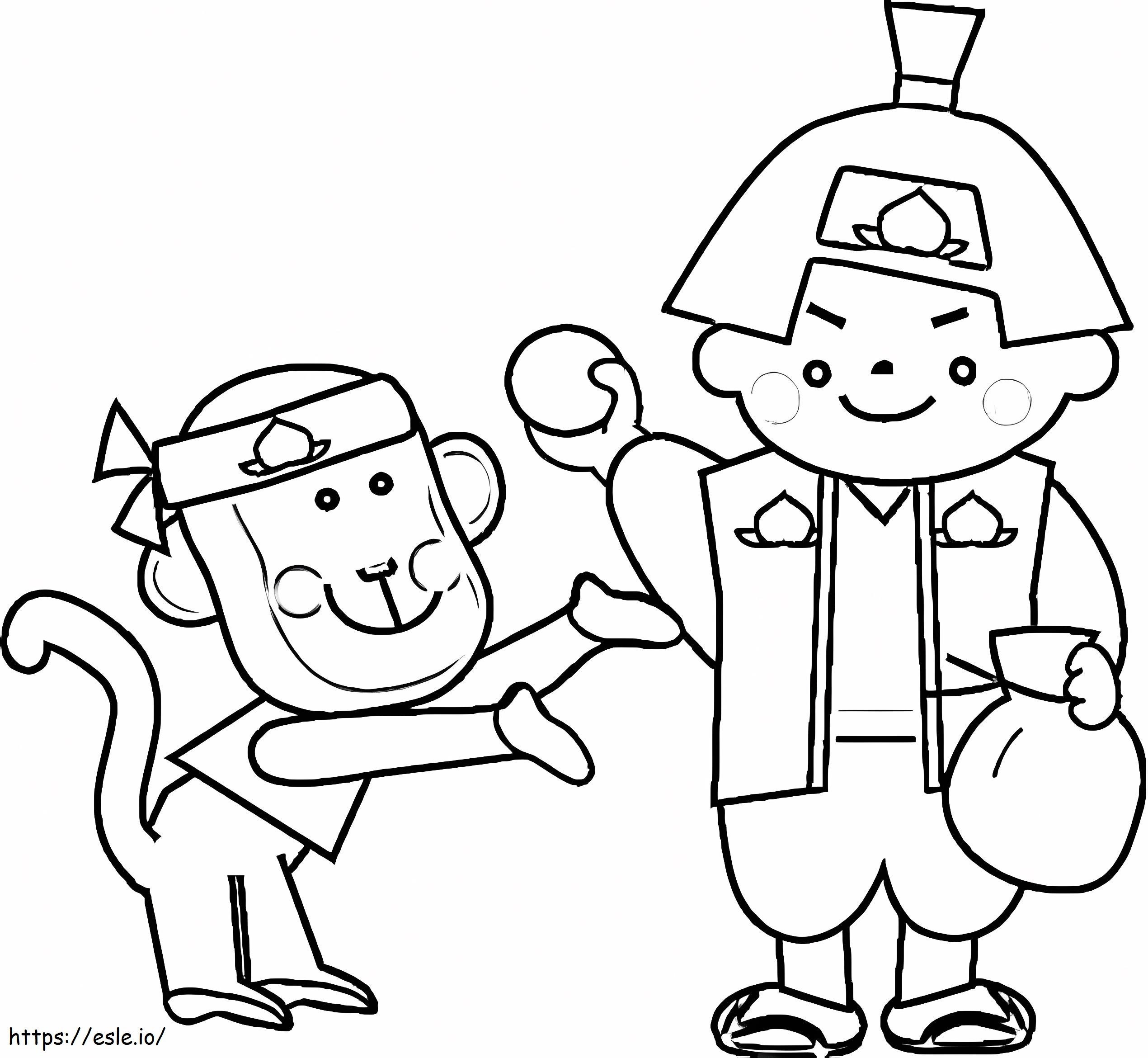 Coloriage Le singe et Momotaro à imprimer dessin