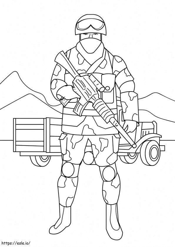 Soldado segurando arma com carro para colorir