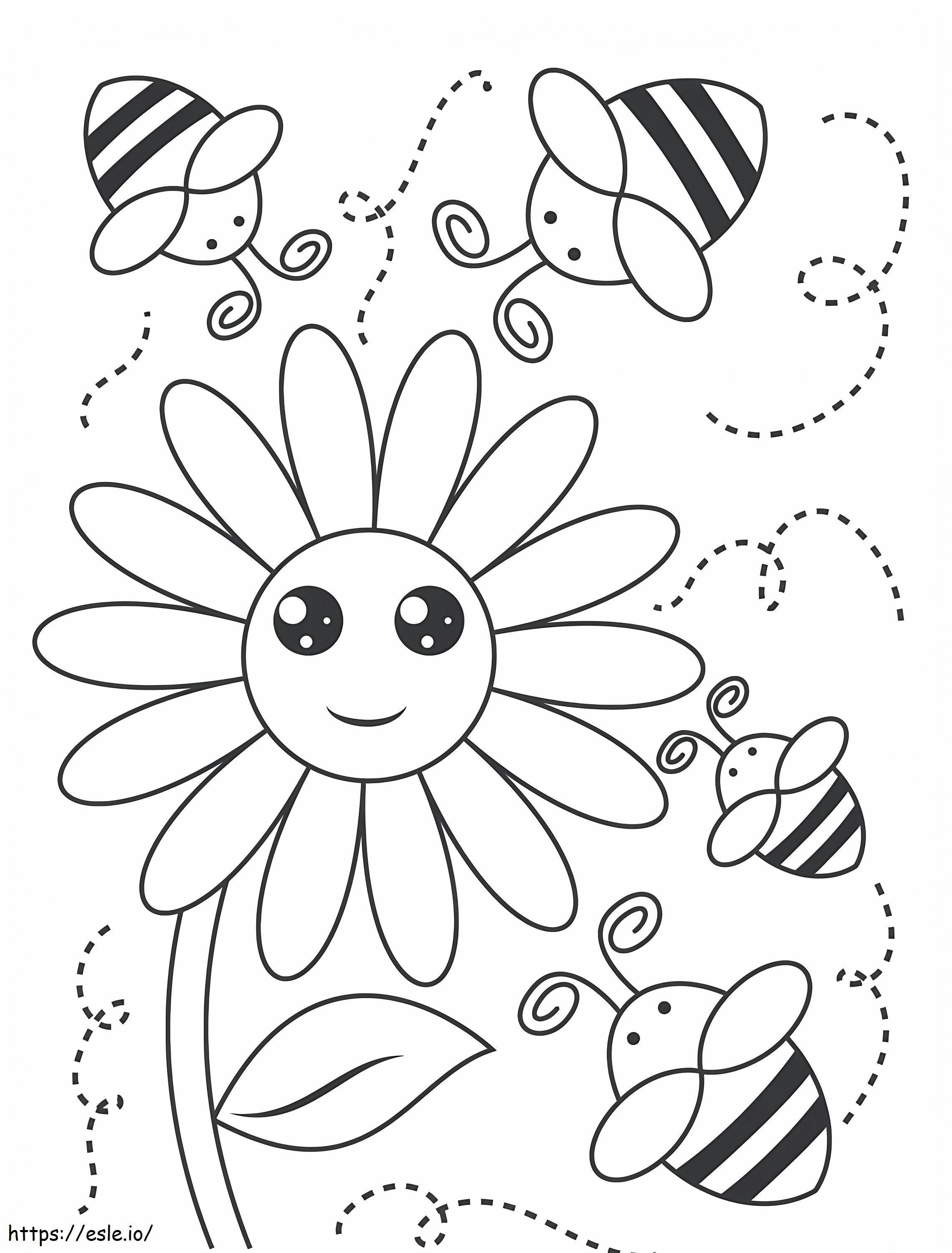 Neljä hymyilevää mehiläistä kukkien kanssa värityskuva