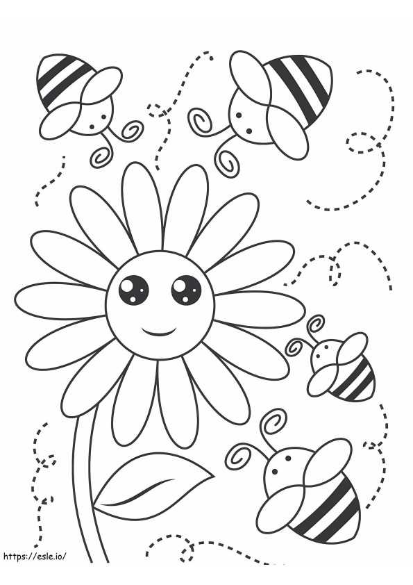 Cuatro abejas sonrientes con flor para colorear