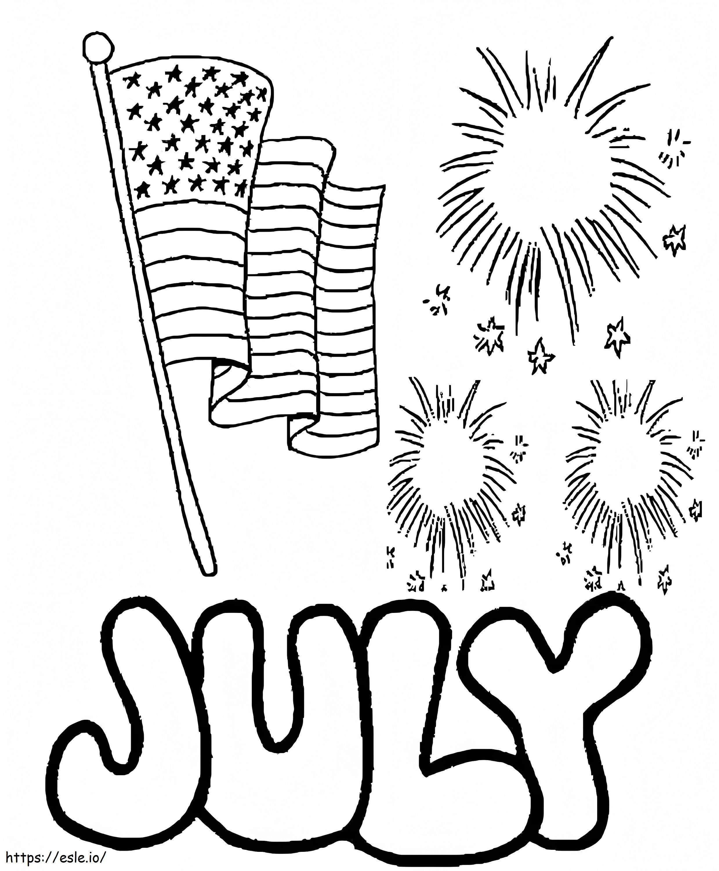Coloriage Juillet avec le drapeau américain à imprimer dessin