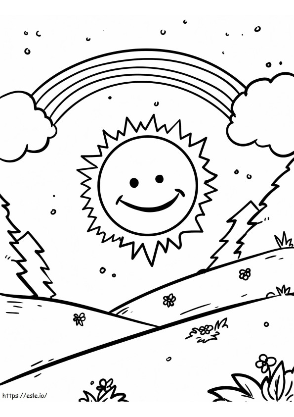 Coloriage Arc-en-ciel avec un joli soleil à imprimer dessin
