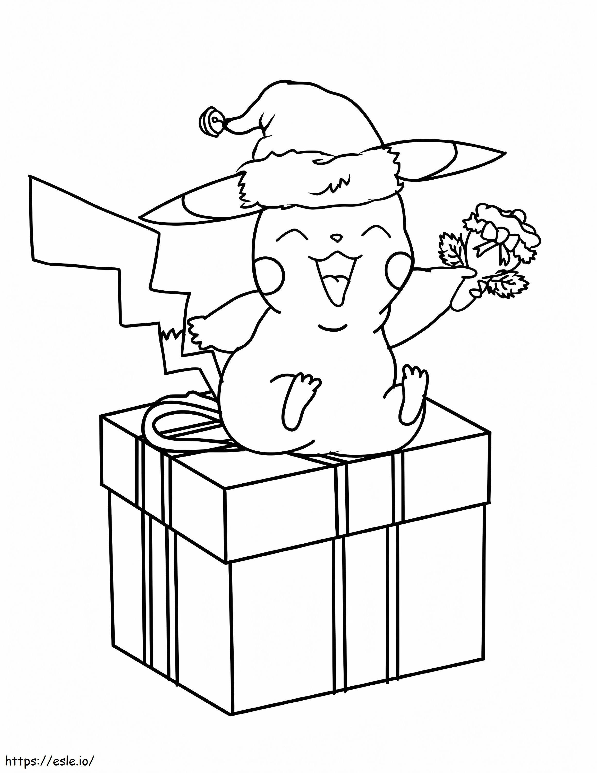 Pikachu navideño sentado en caja de regalo para colorear