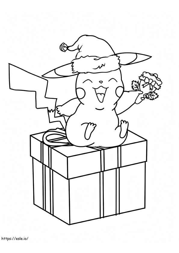 Coloriage Pikachu de Noël assis dans une boîte cadeau à imprimer dessin