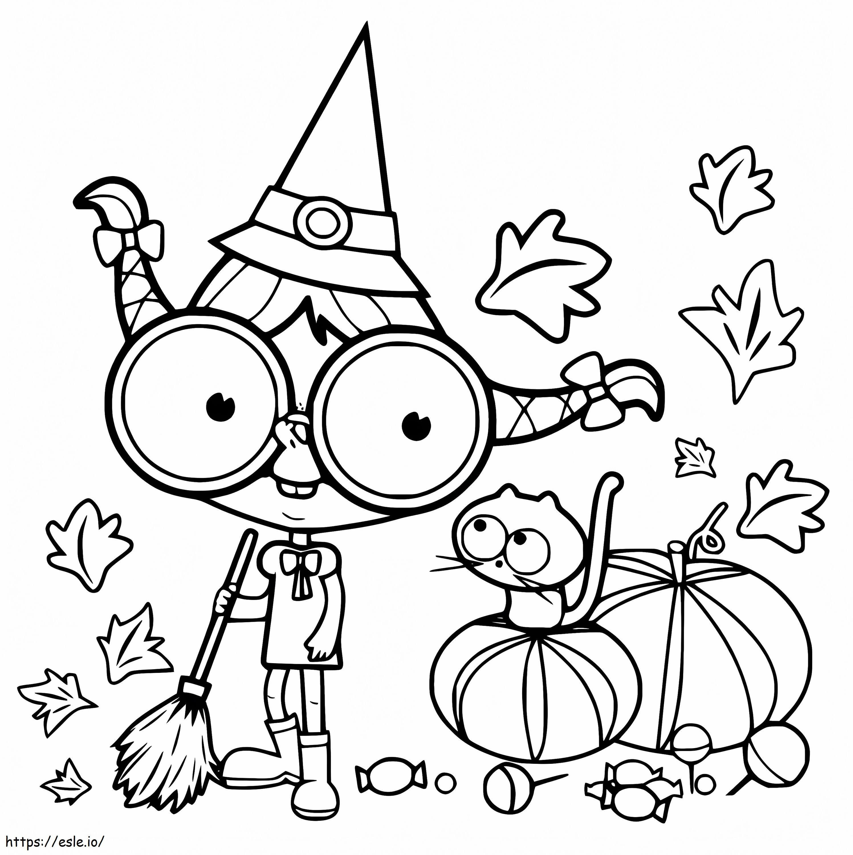Cute Girl And Cat On Halloween coloring page