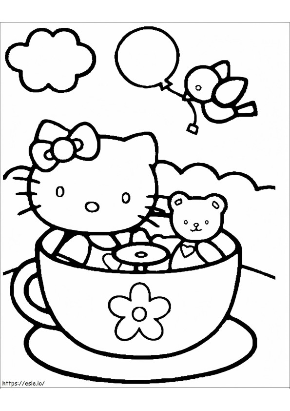 Hello Kitty en teddybeer in mok kleurplaat