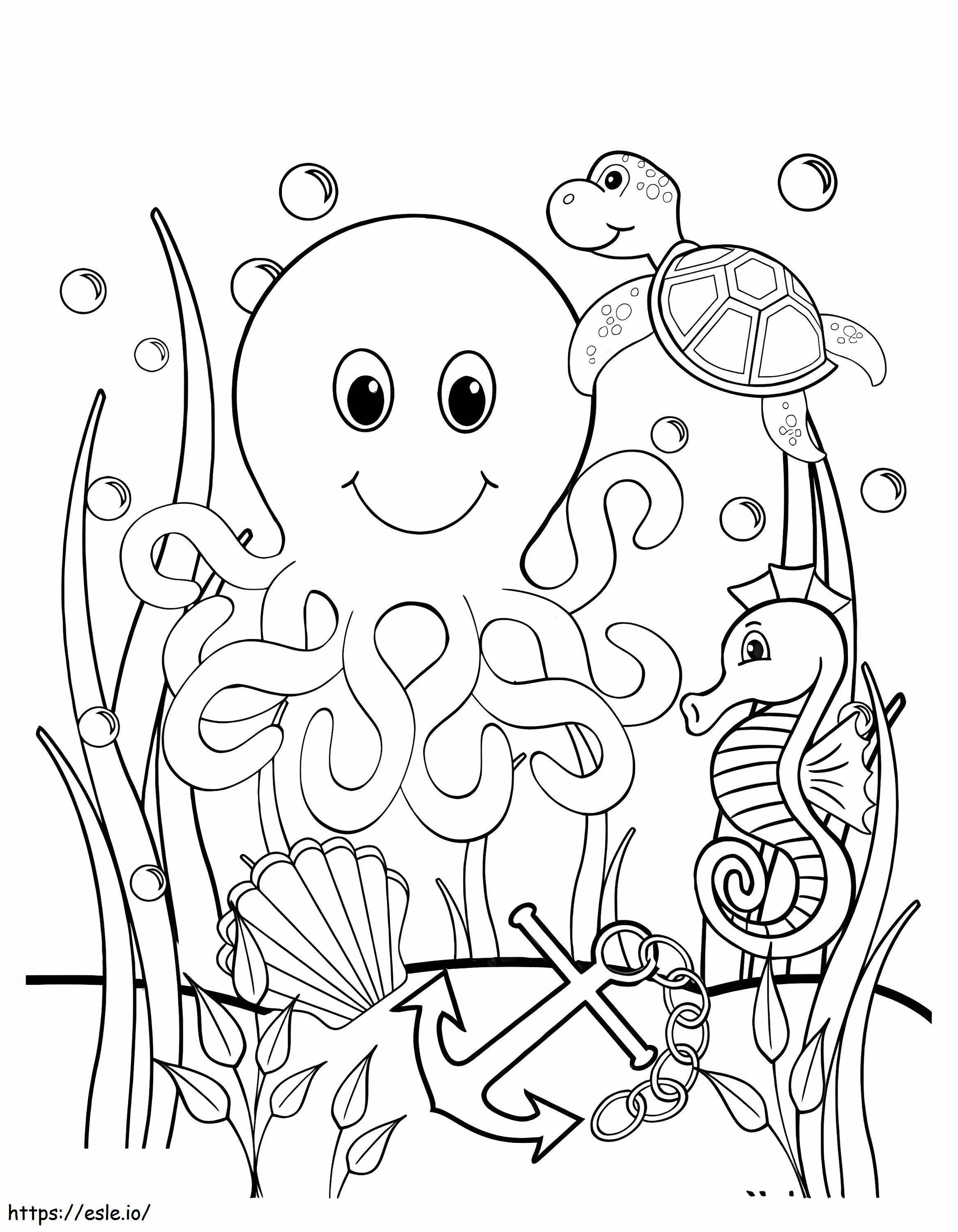 Coloriage Animal marin mignon avec ancre à imprimer dessin