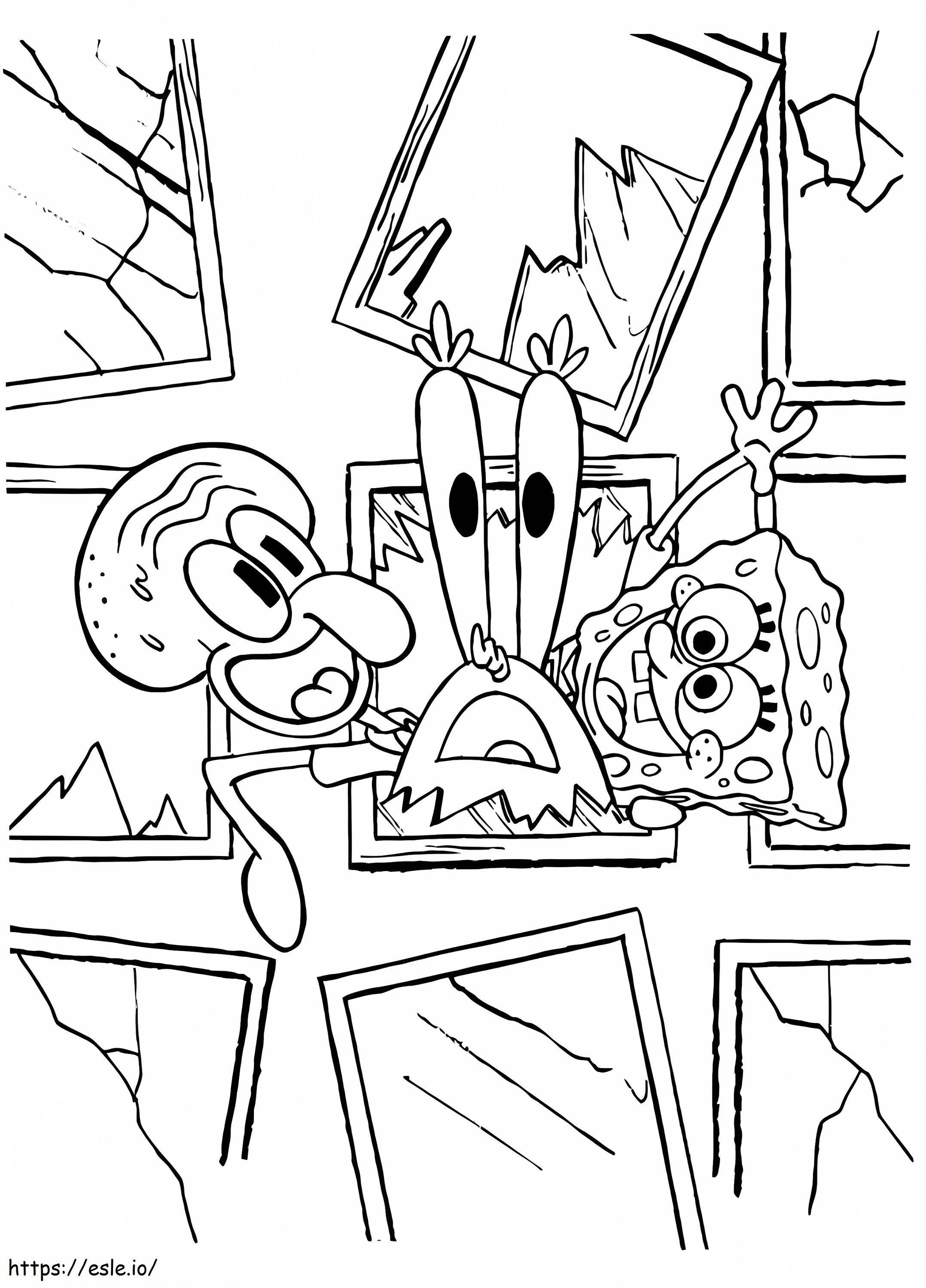 SpongeBob And Squid Ward Mr. Krabs Breaking The Window Glass coloring page