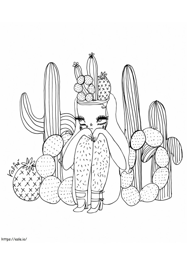 Coloriage Esthétique Fille Et Cactus à imprimer dessin