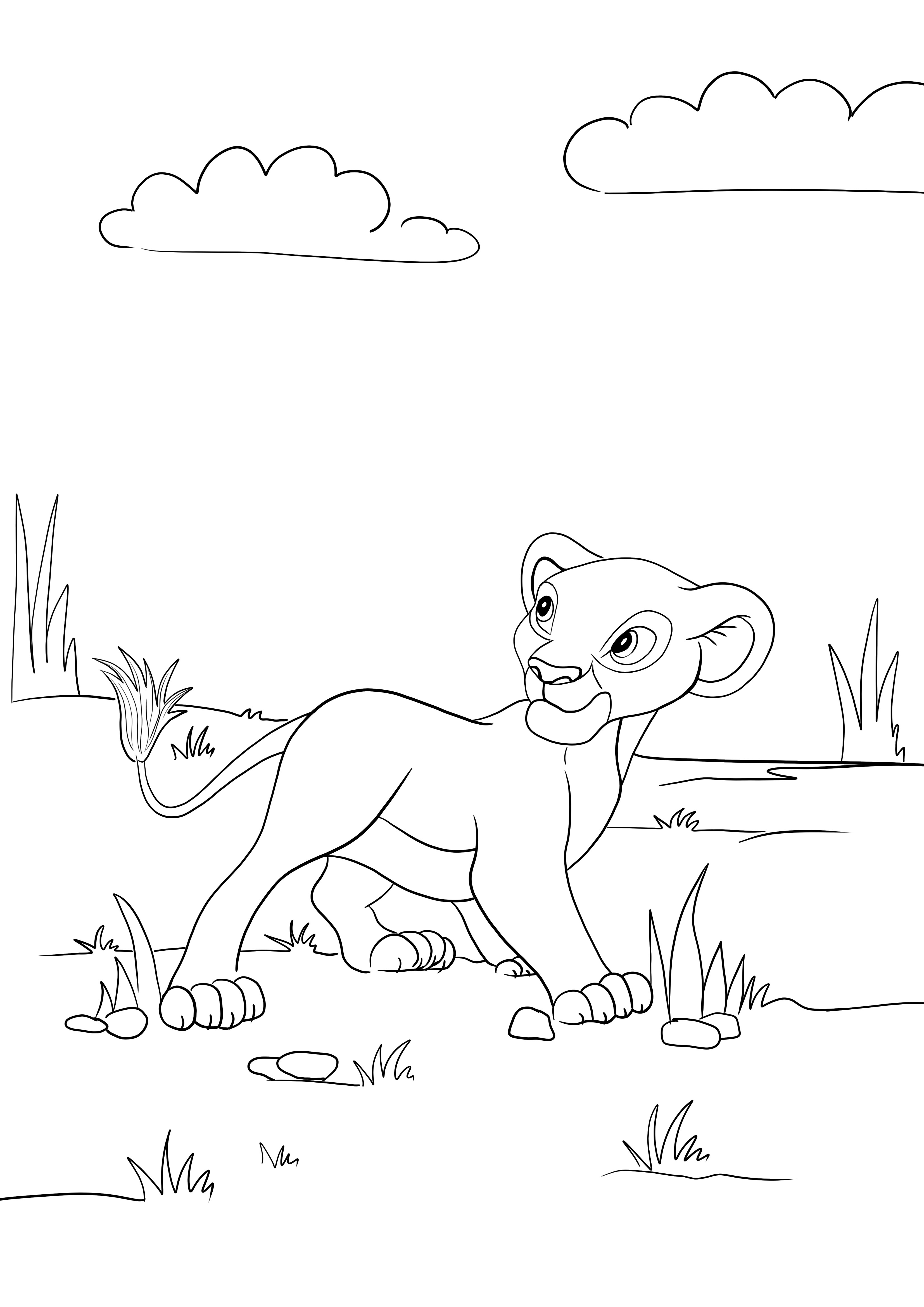 Dibujo de Simba caminando para colorear e imprimir para niños