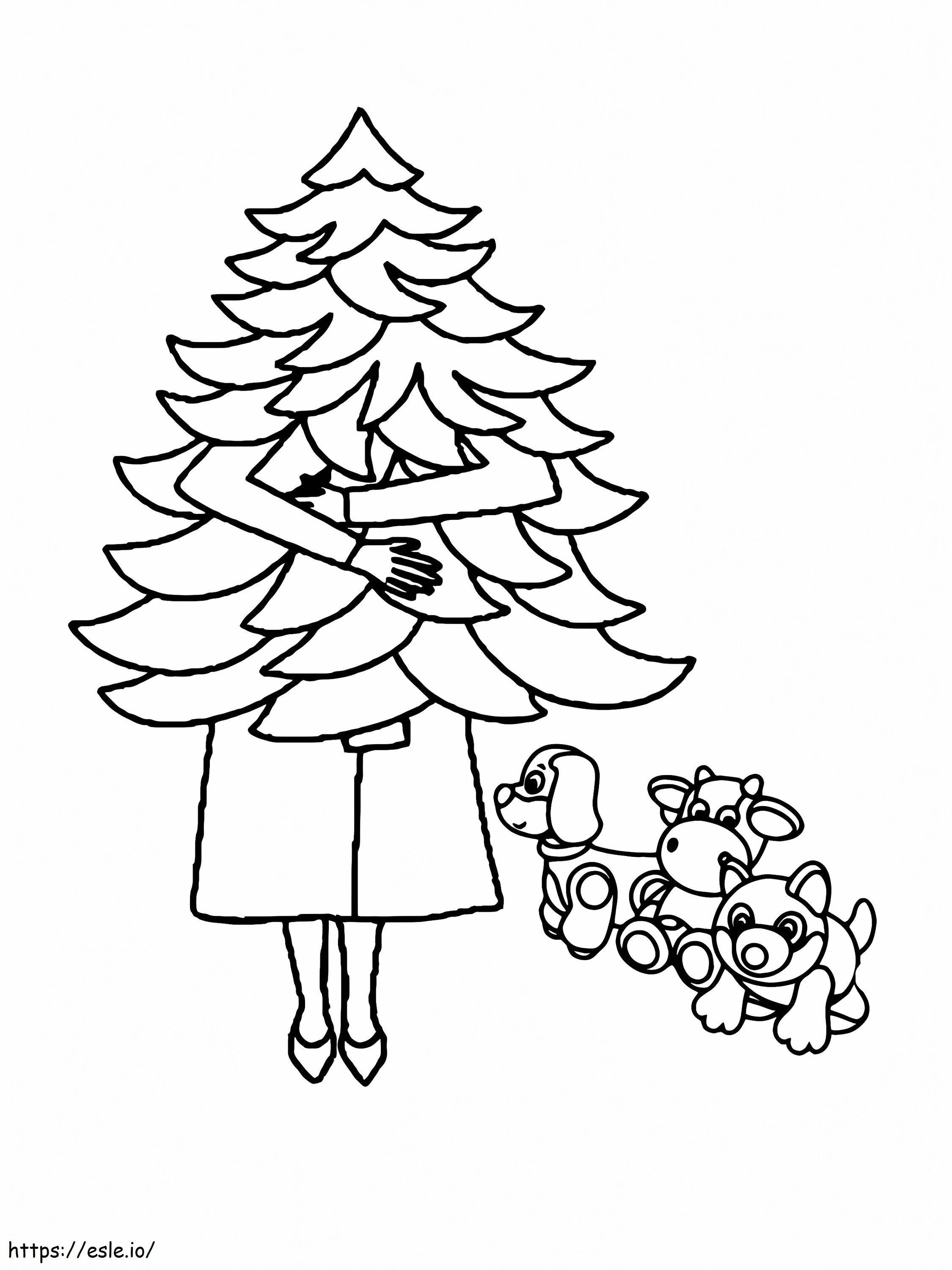 Senhora carregando uma árvore de Natal para colorir