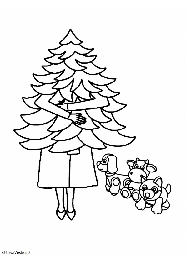 Coloriage Dame portant un arbre de Noël à imprimer dessin