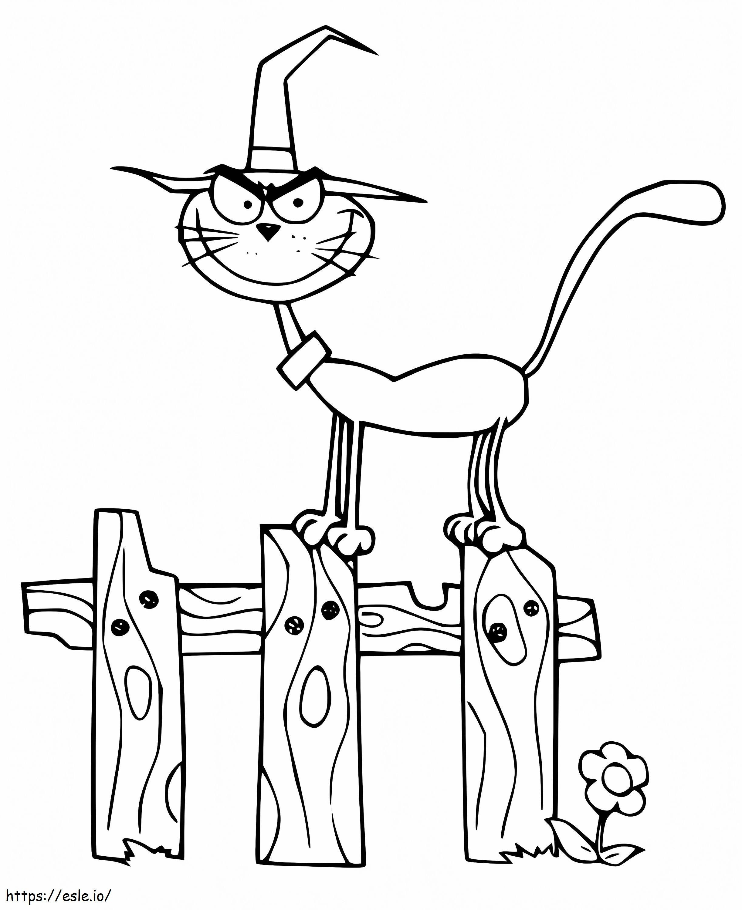 Halloweenowy kot na płocie kolorowanka