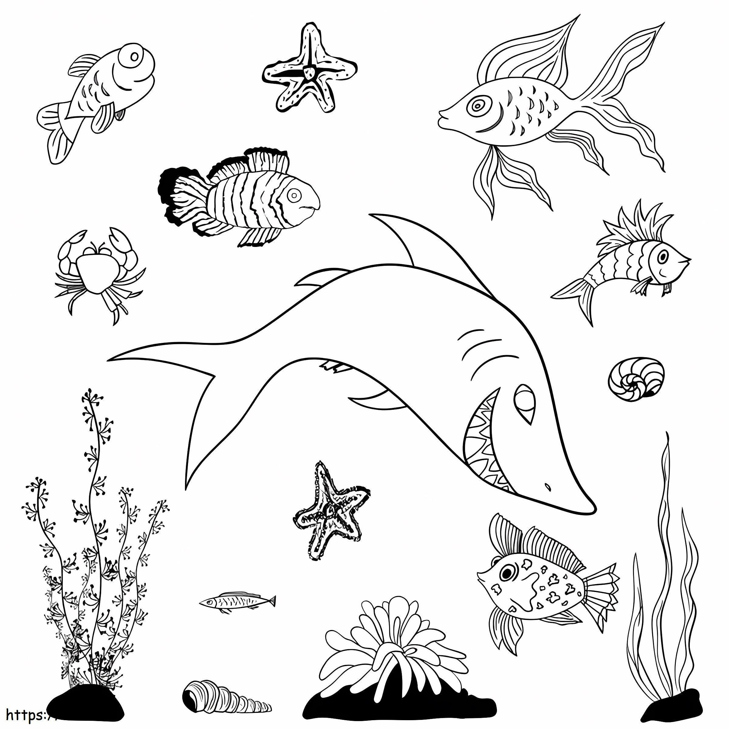 Scary Shark With Fish coloring page