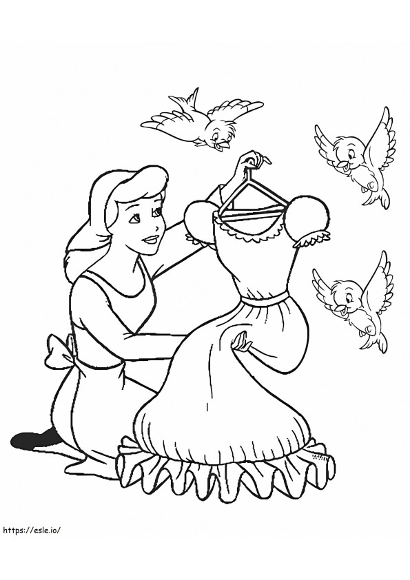 Cinderela segurando o vestido para colorir