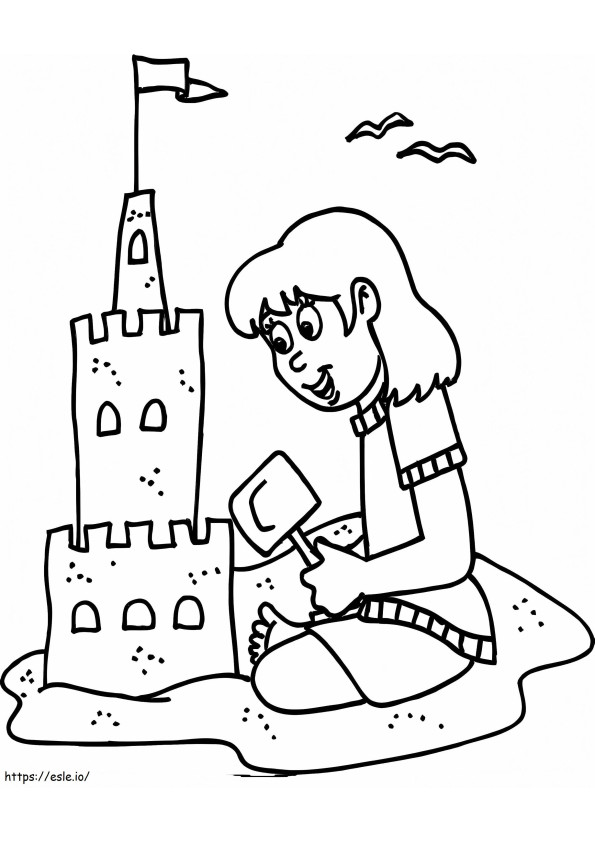 Coloriage Une fille construisant un château de sable à imprimer dessin