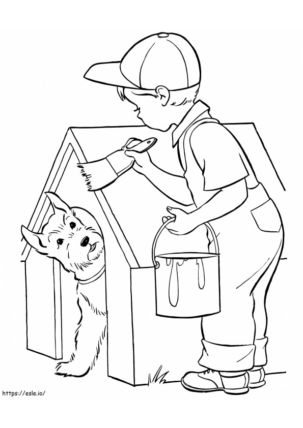 Boy Is Painting Dog House coloring page