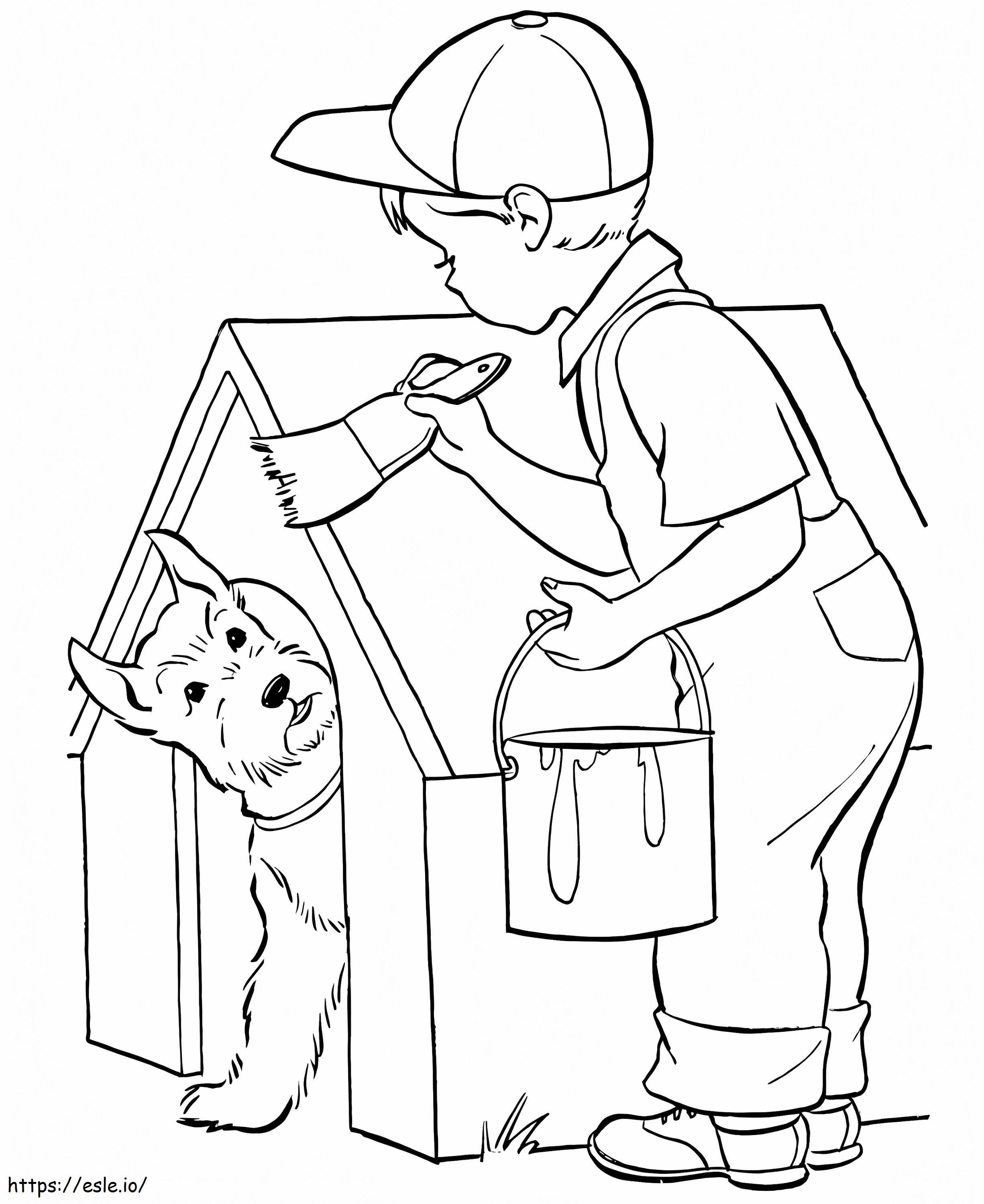 Boy Is Painting Dog House coloring page