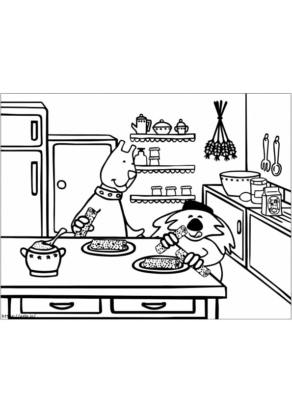 Animais comendo na cozinha para colorir