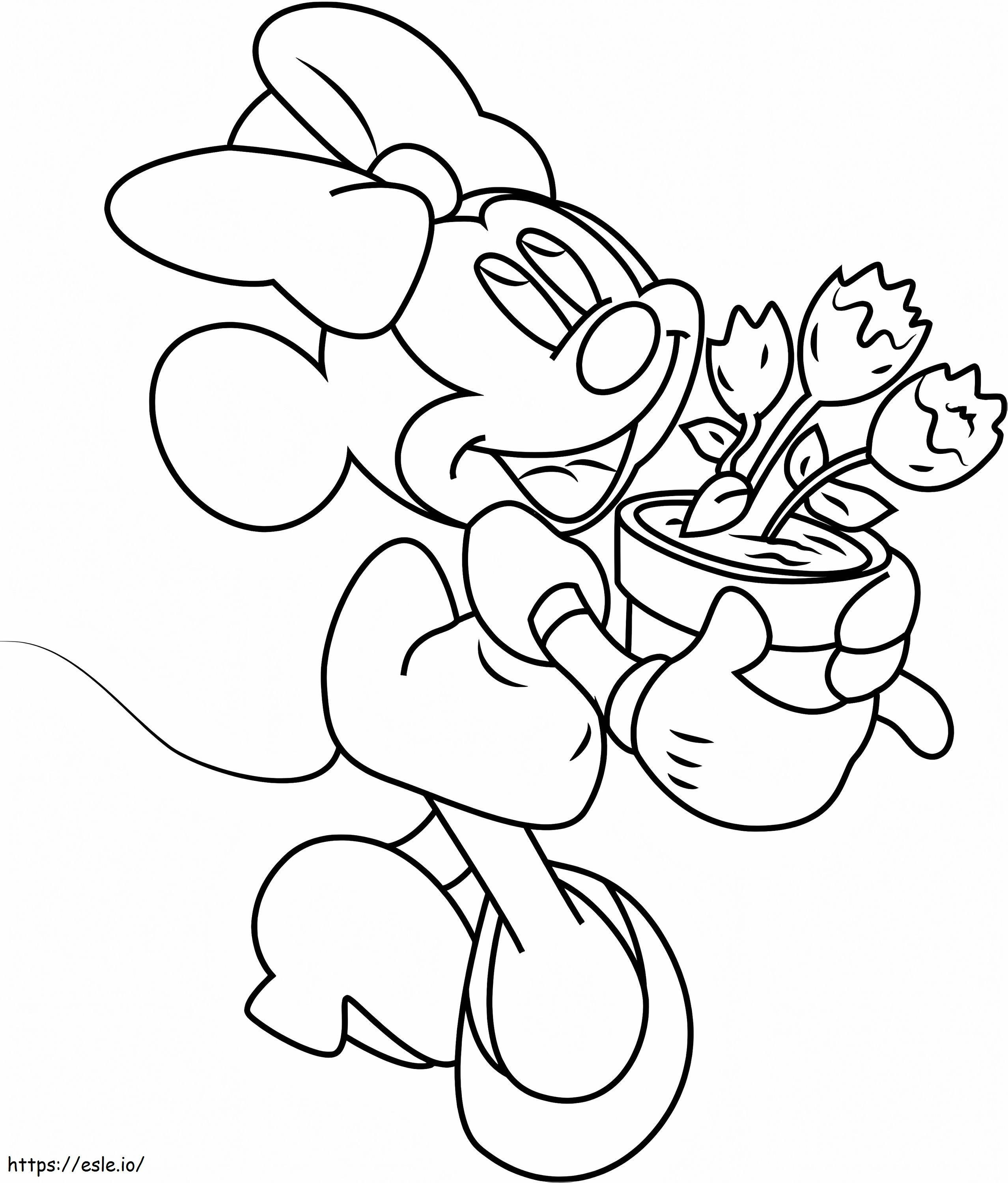 Coloriage Minnie Mouse avec pot de fleurs à imprimer dessin