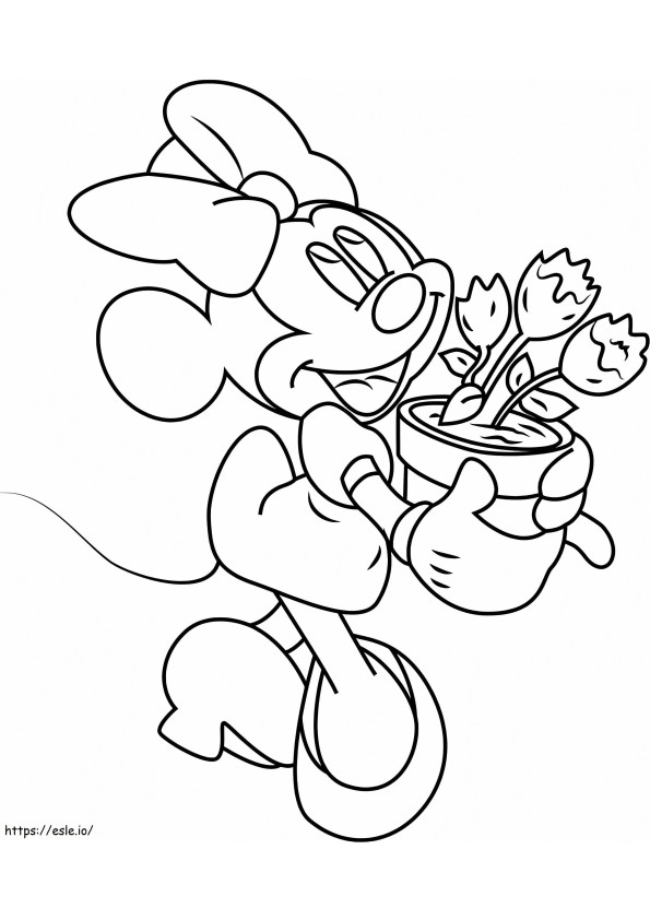 Coloriage Minnie Mouse avec pot de fleurs à imprimer dessin