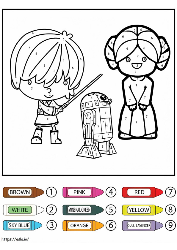 Star Wars Kids en R2 D2-robot, kleur op nummer kleurplaat