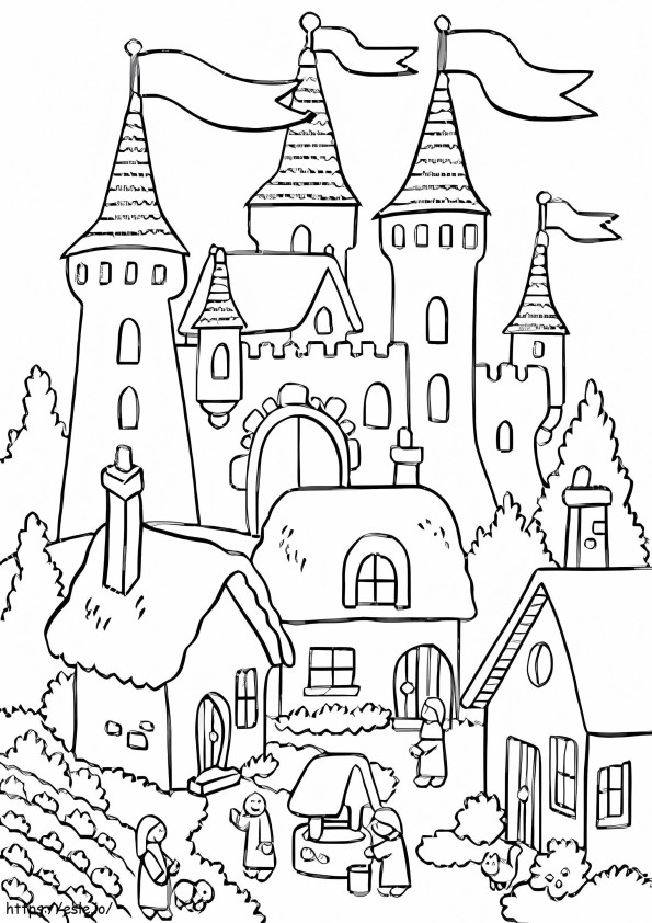 Coloriage Villageois et châteaux à imprimer dessin