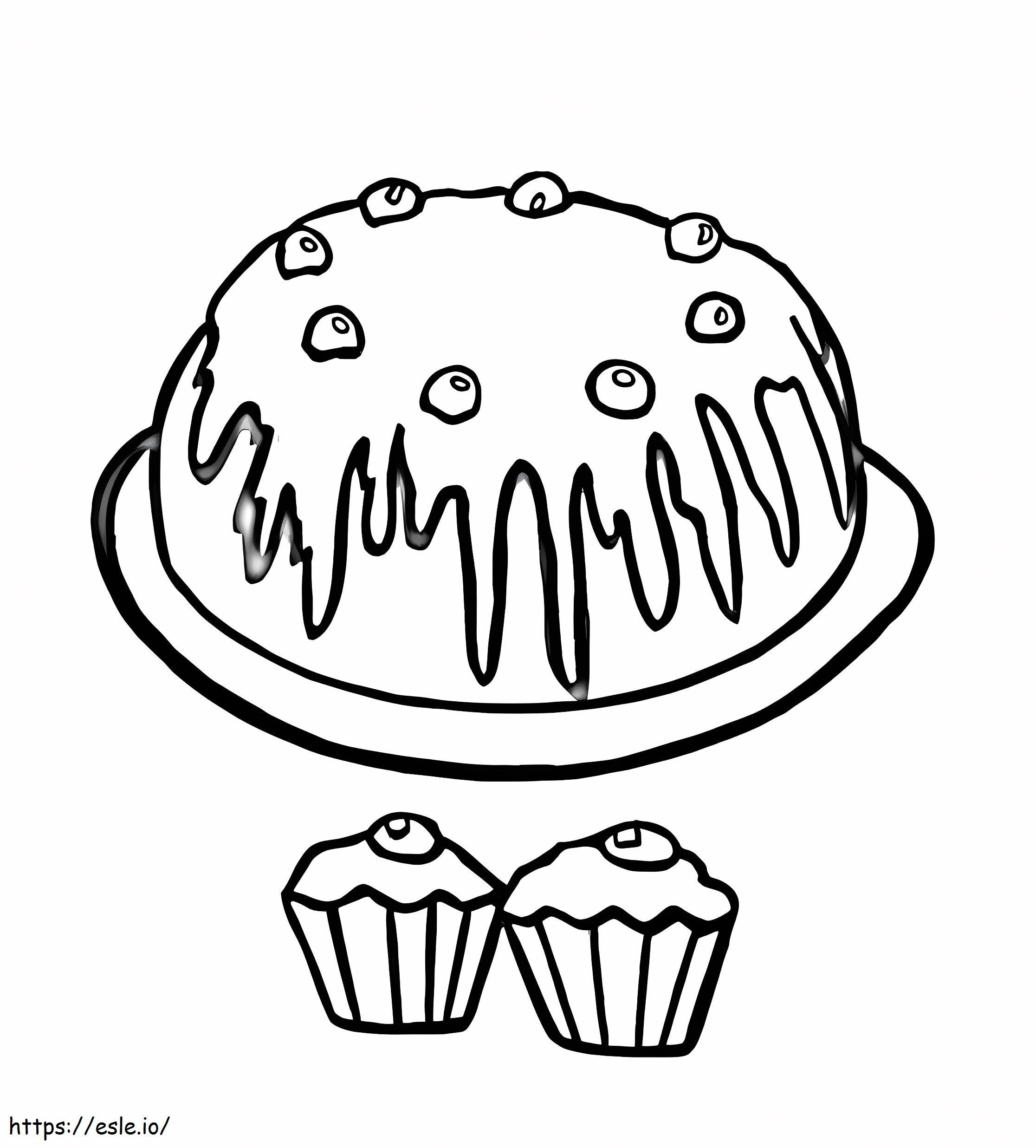 Bolo De Aniversário E Dois Cupcakes para colorir
