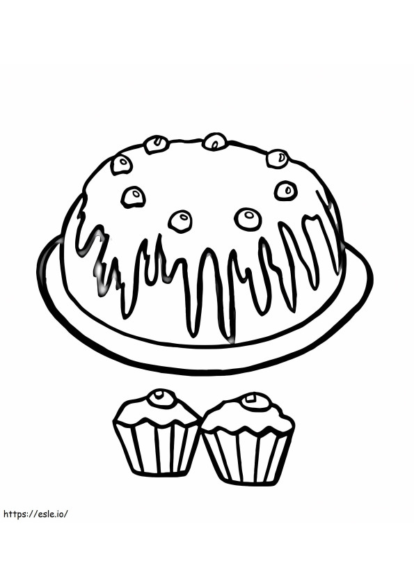 Verjaardagstaart En Twee Cupcakes kleurplaat