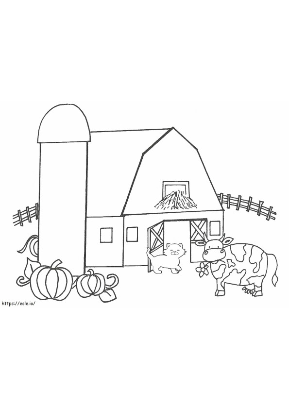 Cat And Cow In A Farm coloring page