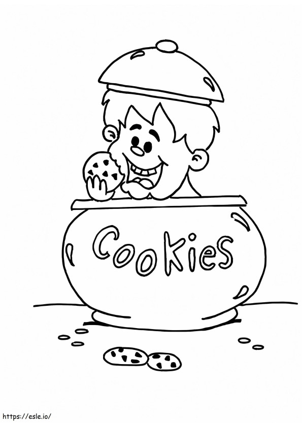 Coloriage Garçon mangeant des biscuits dans un pot à biscuits à imprimer dessin