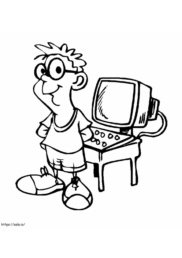 Poika tietokoneen kanssa värityskuva