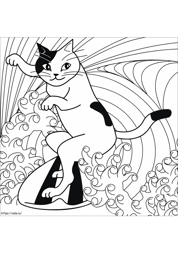 サーフィンをする猫 ぬりえ - 塗り絵