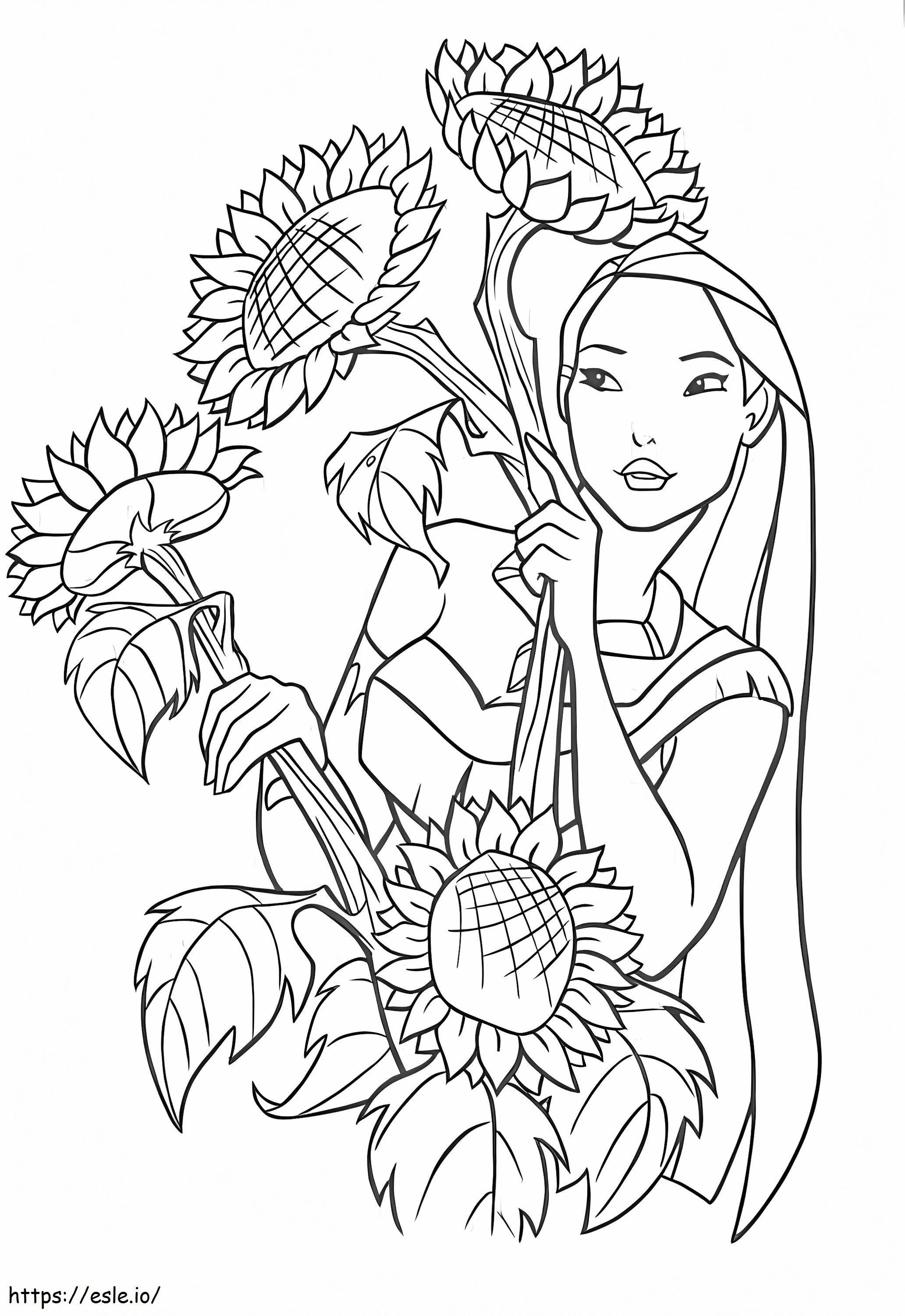 Coloriage 1561796243 Pocahontas avec tournesol A4 à imprimer dessin