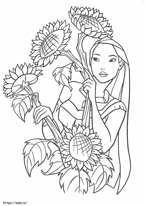 1561796243 Pocahontas mit Sonnenblume A4 ausmalbilder