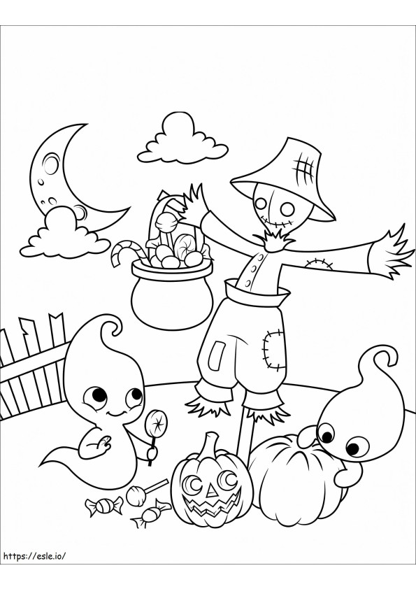 Cute Ghosts And Scarecrow coloring page