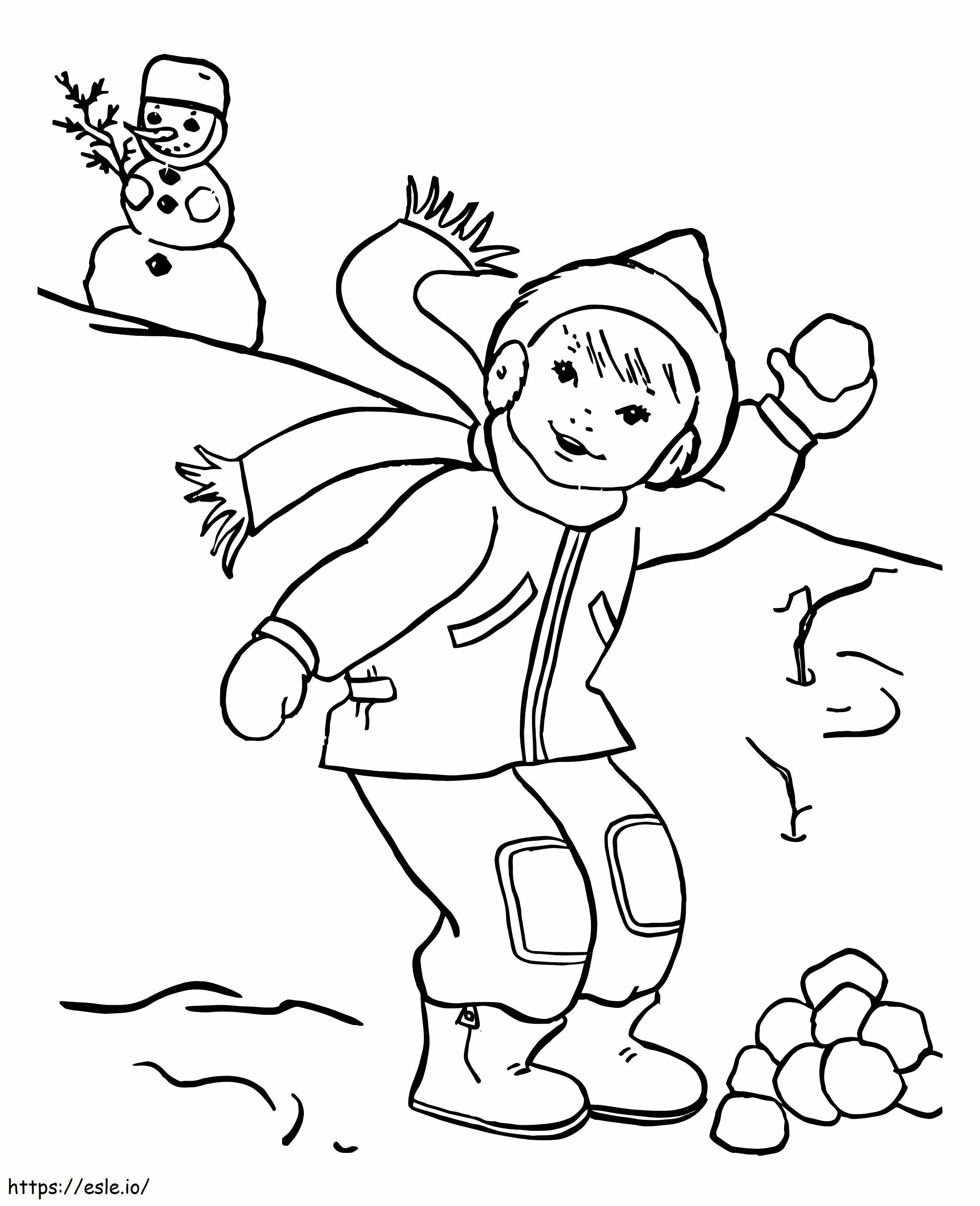 Coloriage Garçon dans une bataille de boules de neige à imprimer dessin